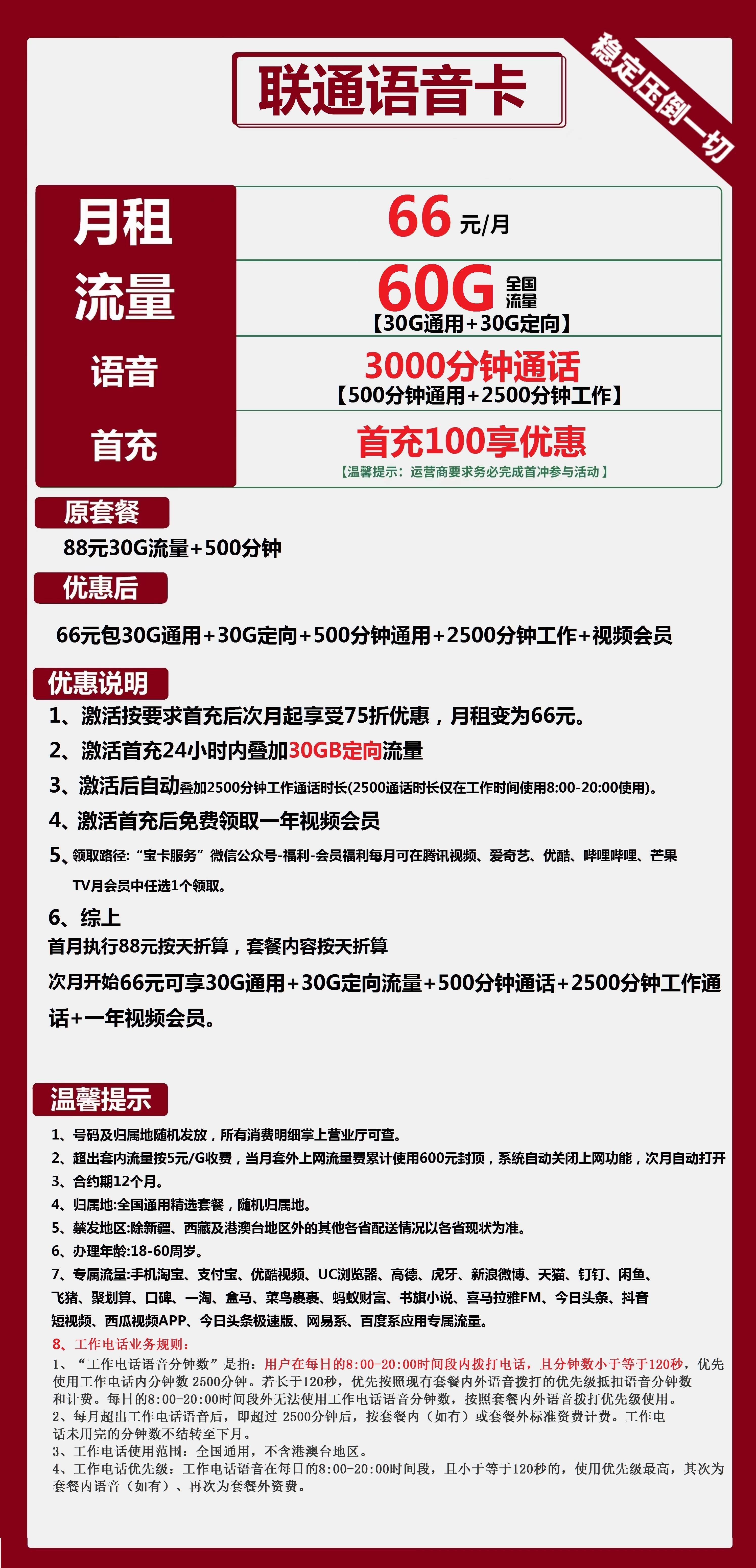 联通语音卡丨66元包30G通用+30G定向+3000分钟通话+视频会员 第1张