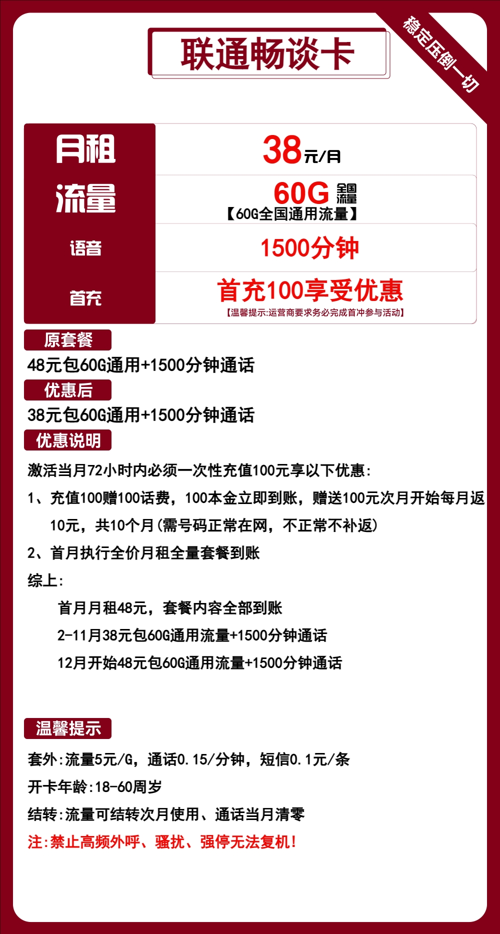 联通畅谈卡丨38元包60G通用+1500分钟通话 第1张