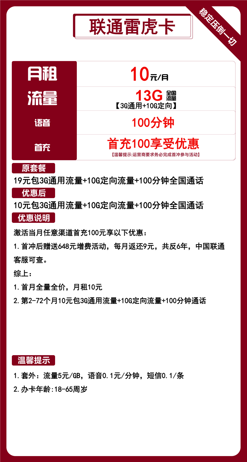 联通雷虎卡丨10元包3G通用+10G定向+100分钟通话 第1张