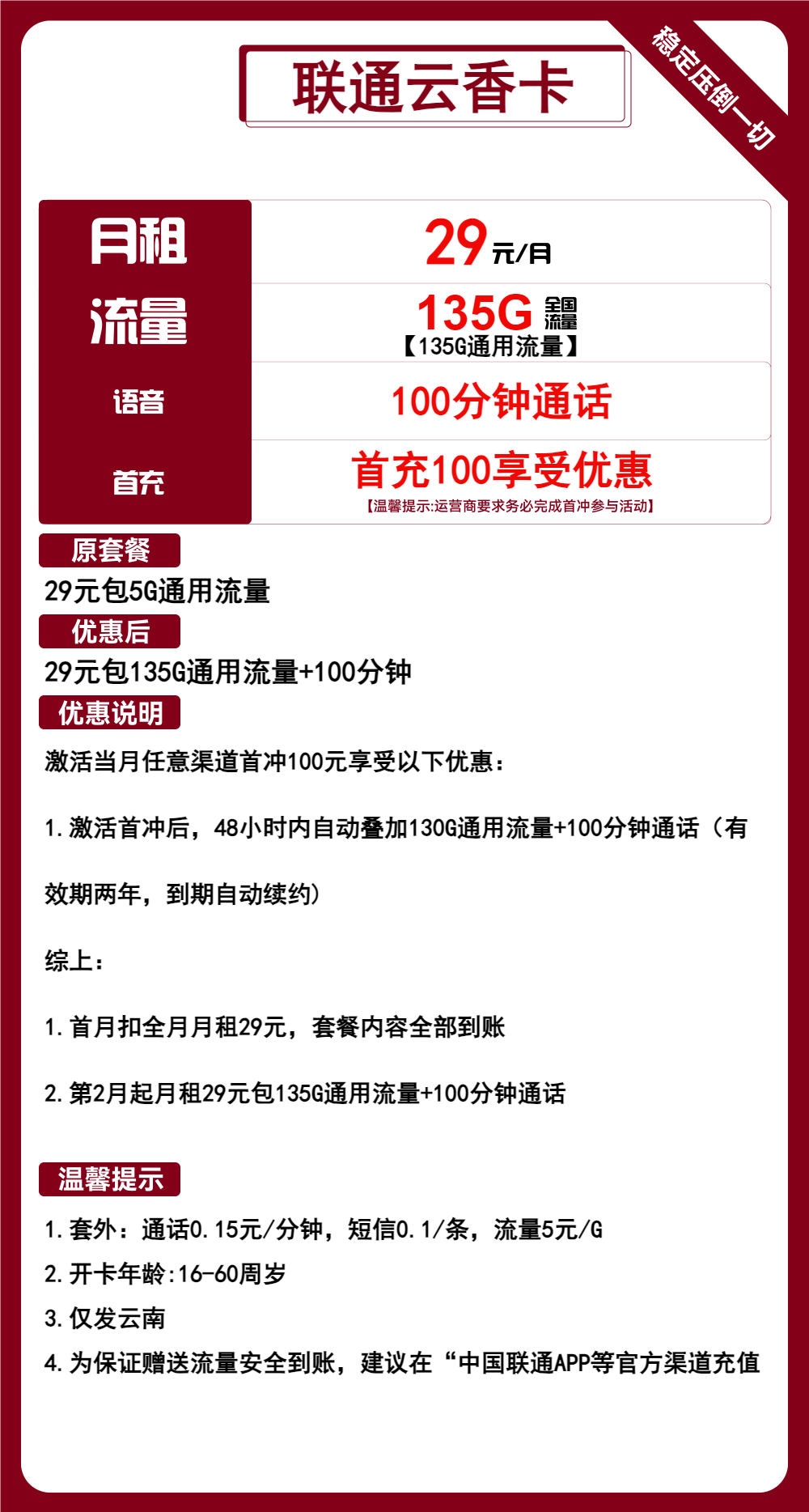 联通云香卡丨29元包135G通用+100分钟通话 第1张