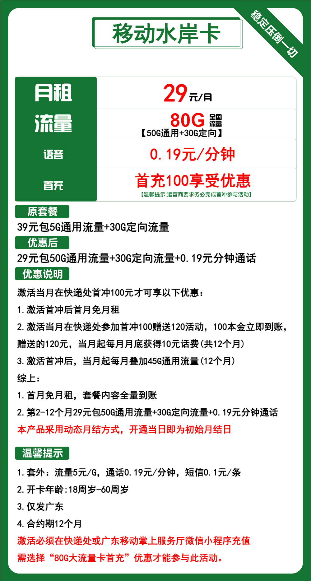 移动水岸卡丨29元包50G通用+30G定向+通话0.19元/分钟 第1张