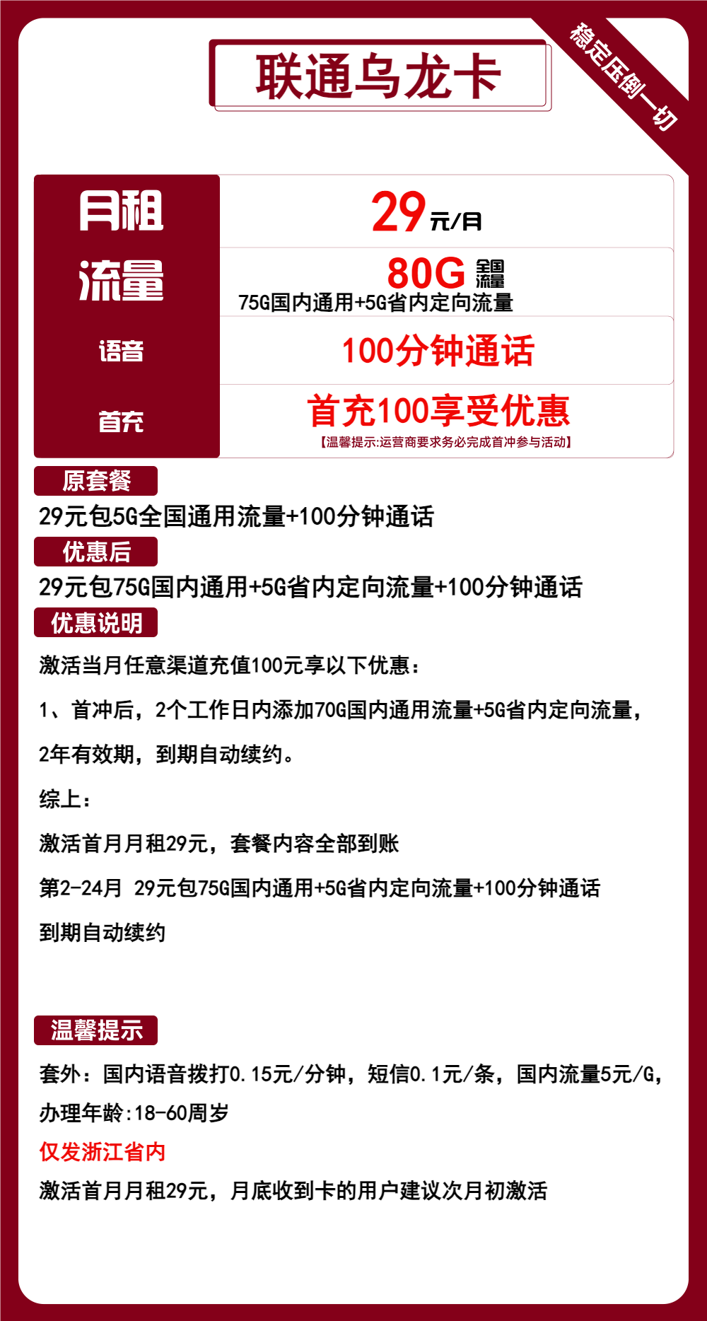 联通乌龙卡丨75G通用+5G定向+100分钟通话 第1张