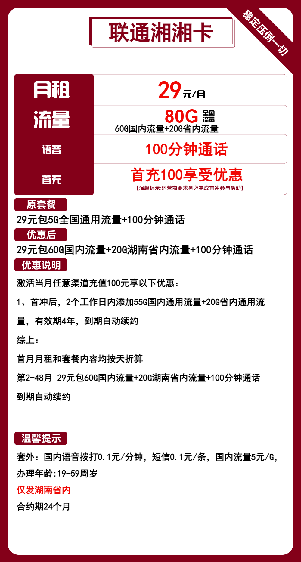 联通湘湘卡丨29元包80G通用+100分钟通话 第1张