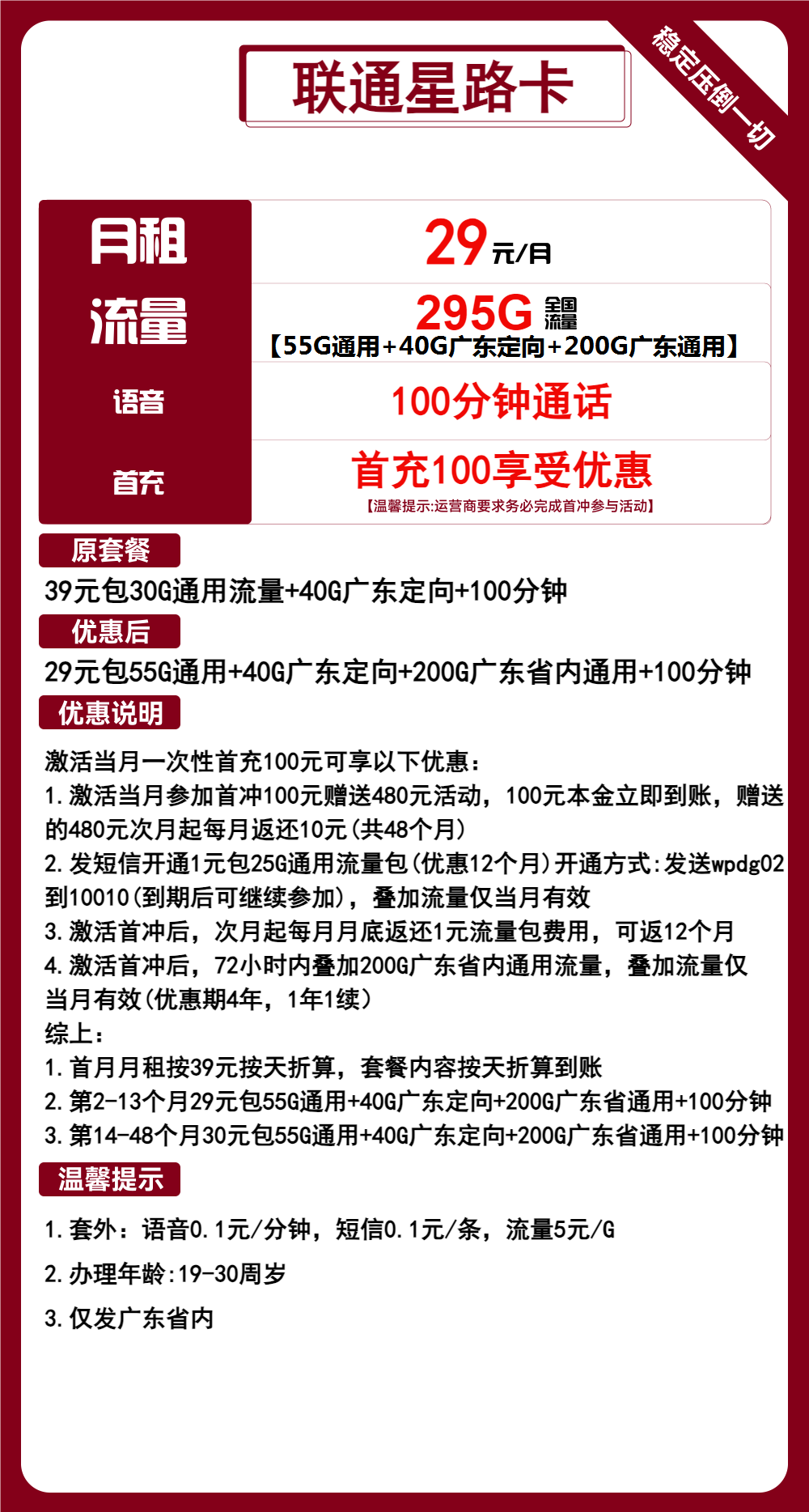 联通星路卡丨29元包55G通用+200G广东通用+40G广东定向+100分钟 第1张