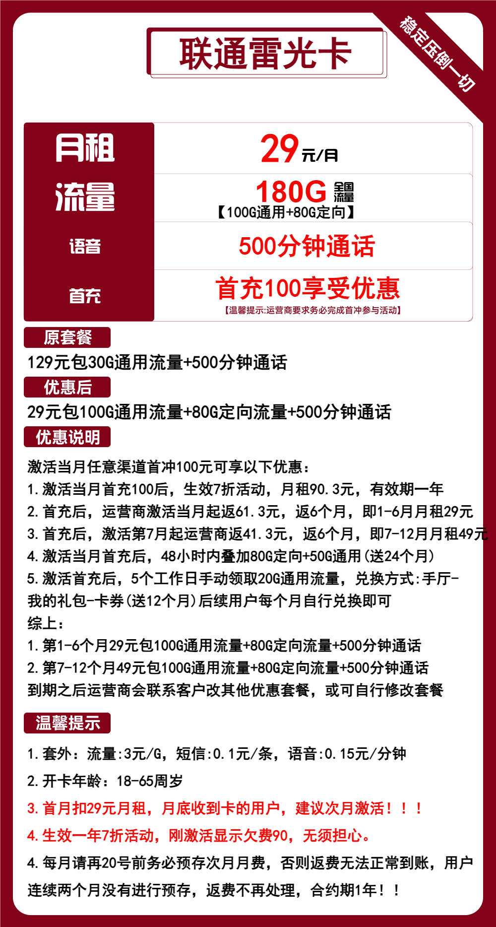 联通雷光卡丨29元包100G通用+80G定向+500分钟通话 第1张