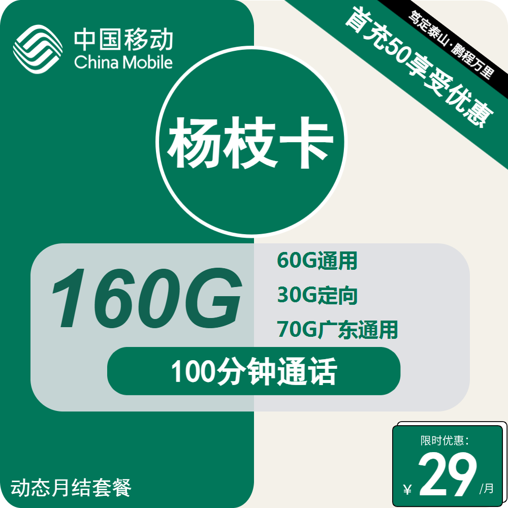 移动杨枝卡丨29元包130G通用+60G定向+100分钟