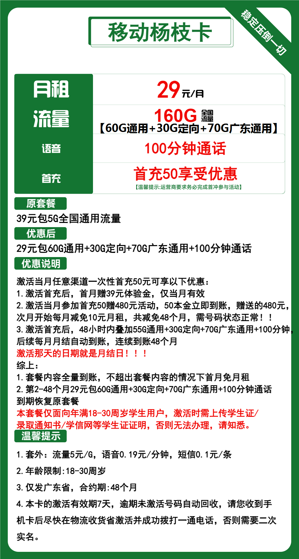 移动杨枝卡丨29元包130G通用+60G定向+100分钟 第1张