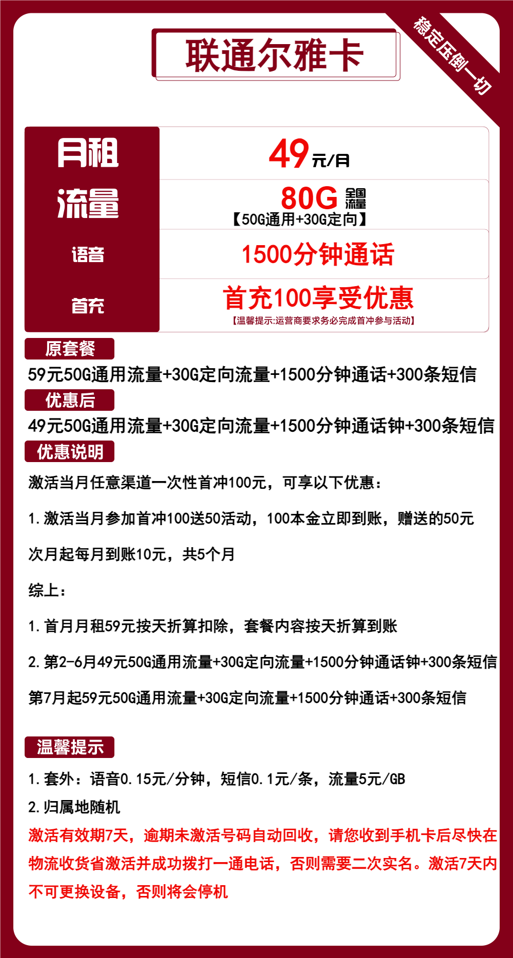 联通尔雅卡丨49元包50G通用+30G定向+1500分钟通话 第1张