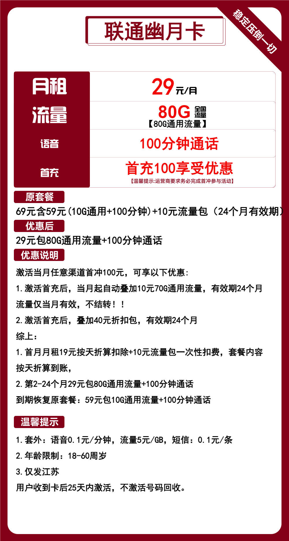 联通幽月卡丨29元包80G通用+100分钟通话 第1张