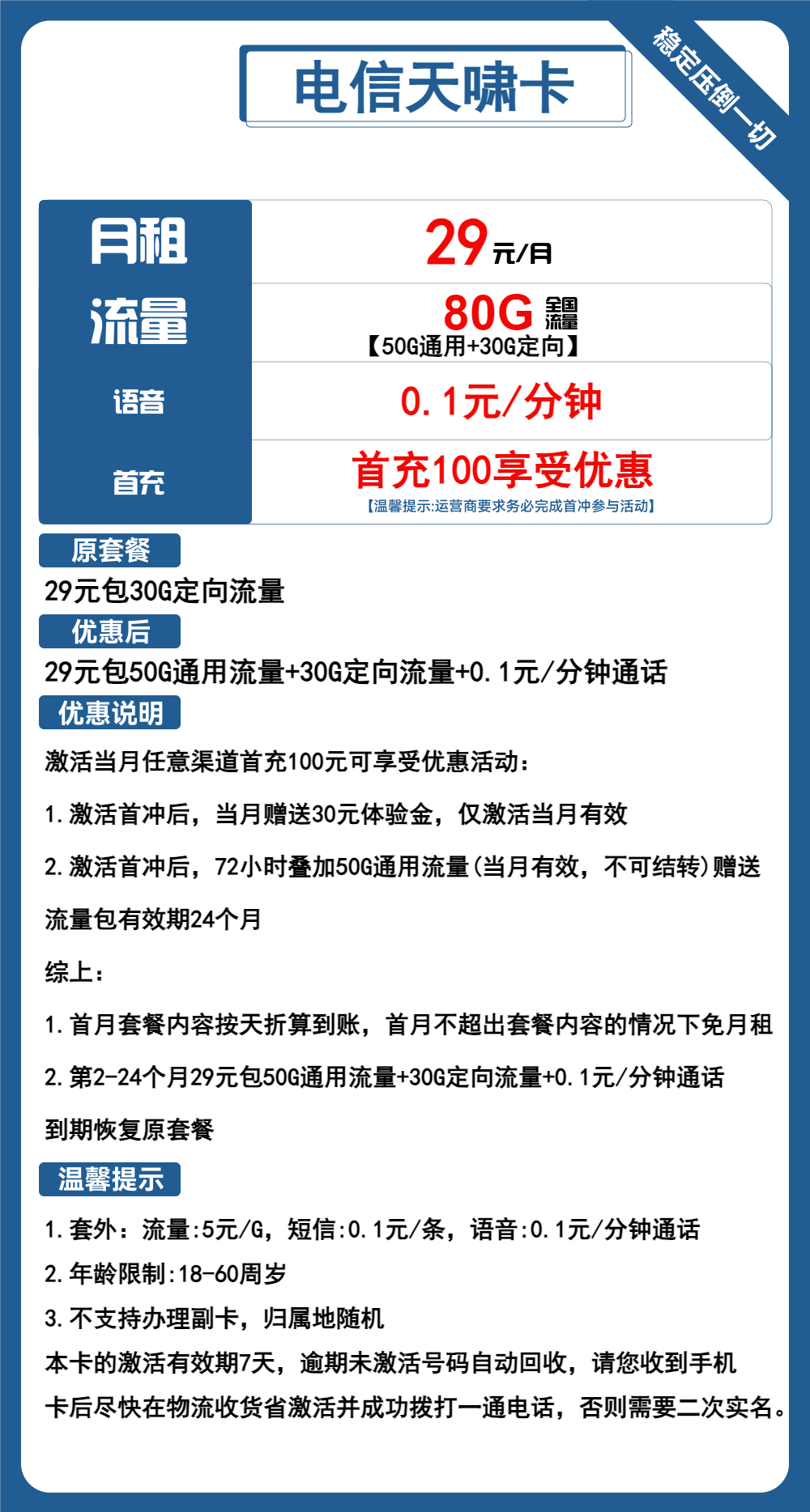 电信天啸卡丨29元包50G通用+30G定向+通话0.1元/分钟 第1张