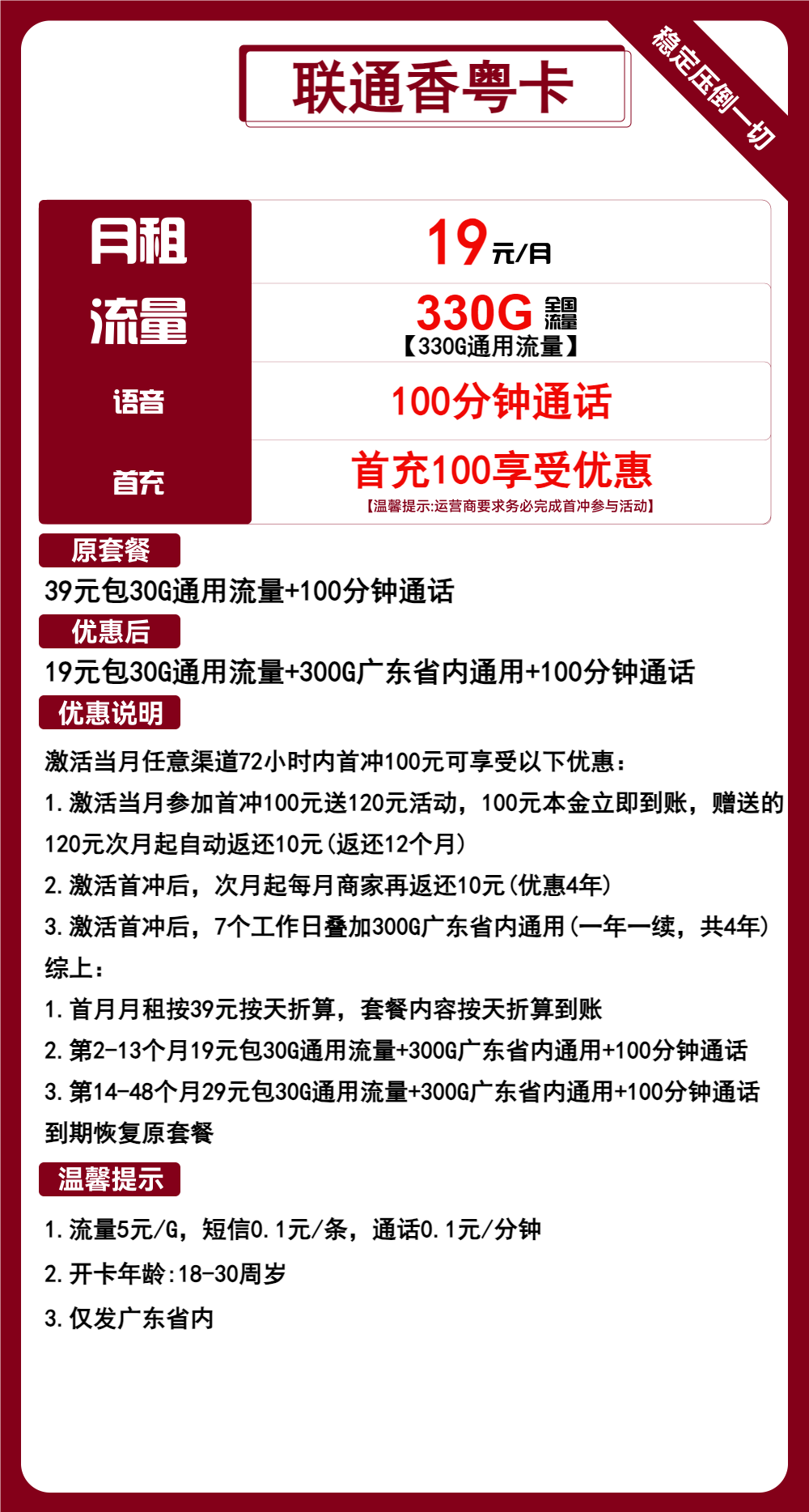 联通香粤卡丨19元包330G通用+100分钟通话 第1张