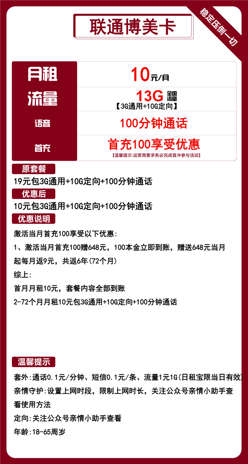 联通博美卡丨10元包3G通用+10G定向+100分钟通话 第1张