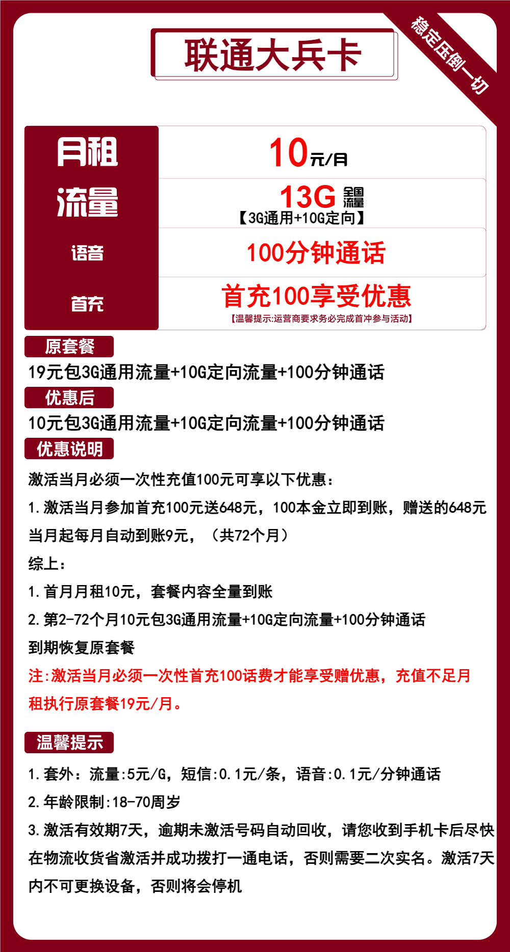 联通大兵卡丨10元包3G通用+10G定向+100分钟通话 第1张