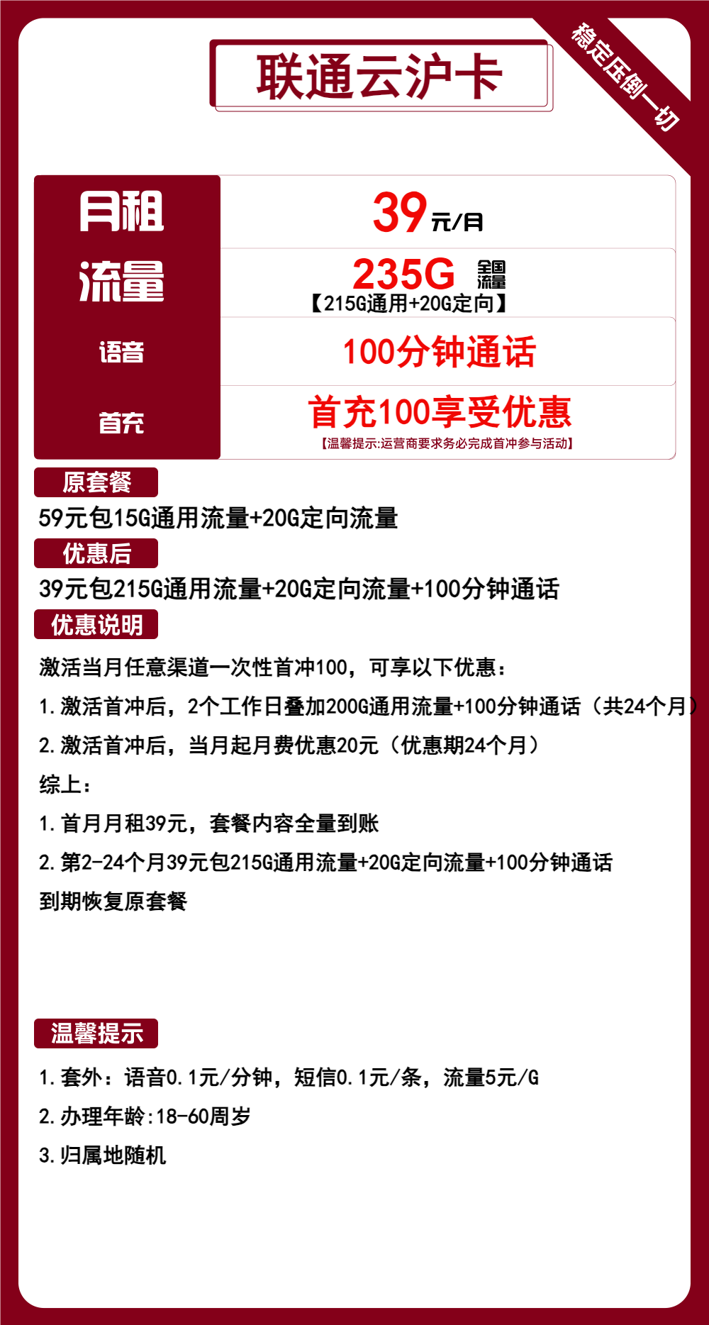 联通云沪卡丨39元包215G通用+20G定向+100分钟通话 第1张