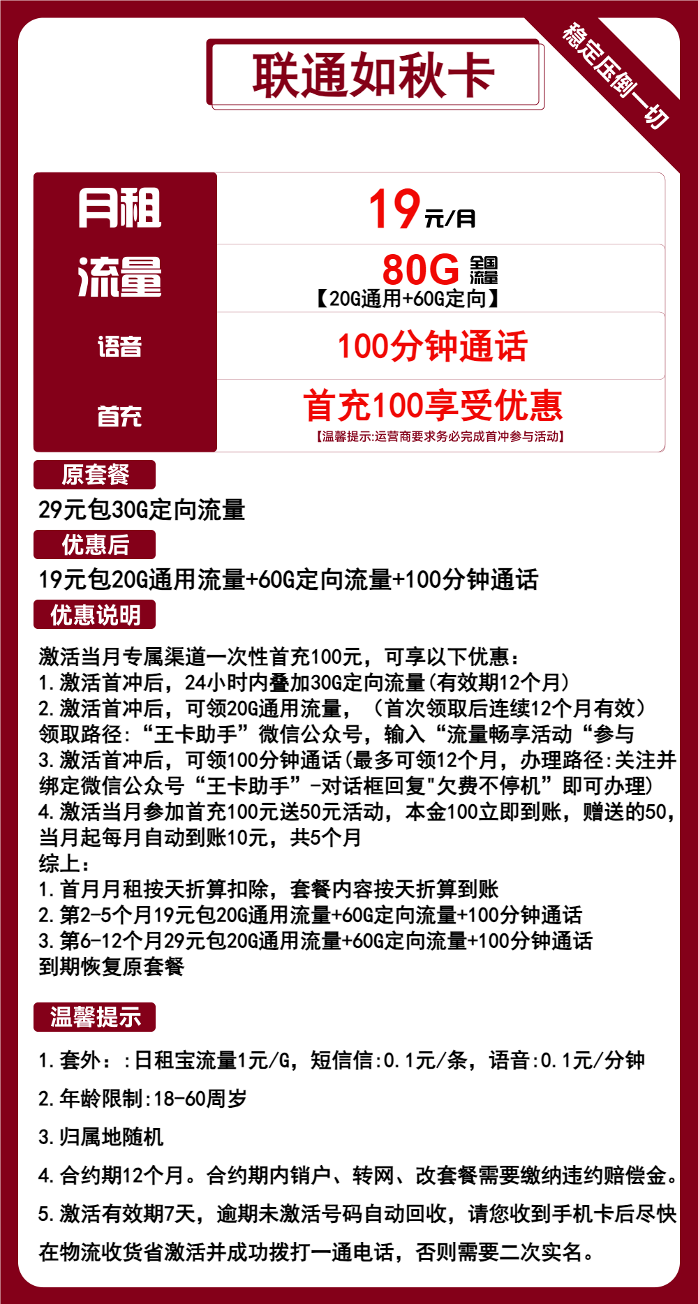 联通如秋卡丨19元包20G通用+60G定向+100分钟通话 第1张