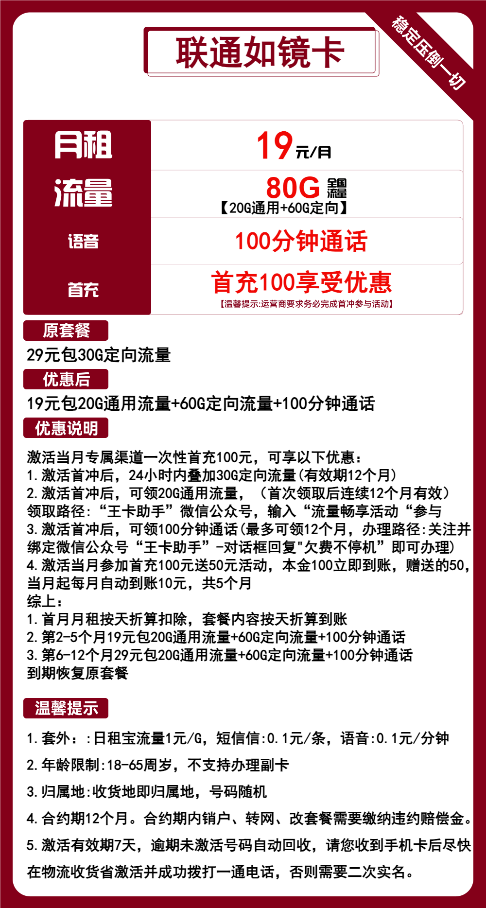 联通如镜卡丨19元包20G通用+60G定向+100分钟通话 第1张