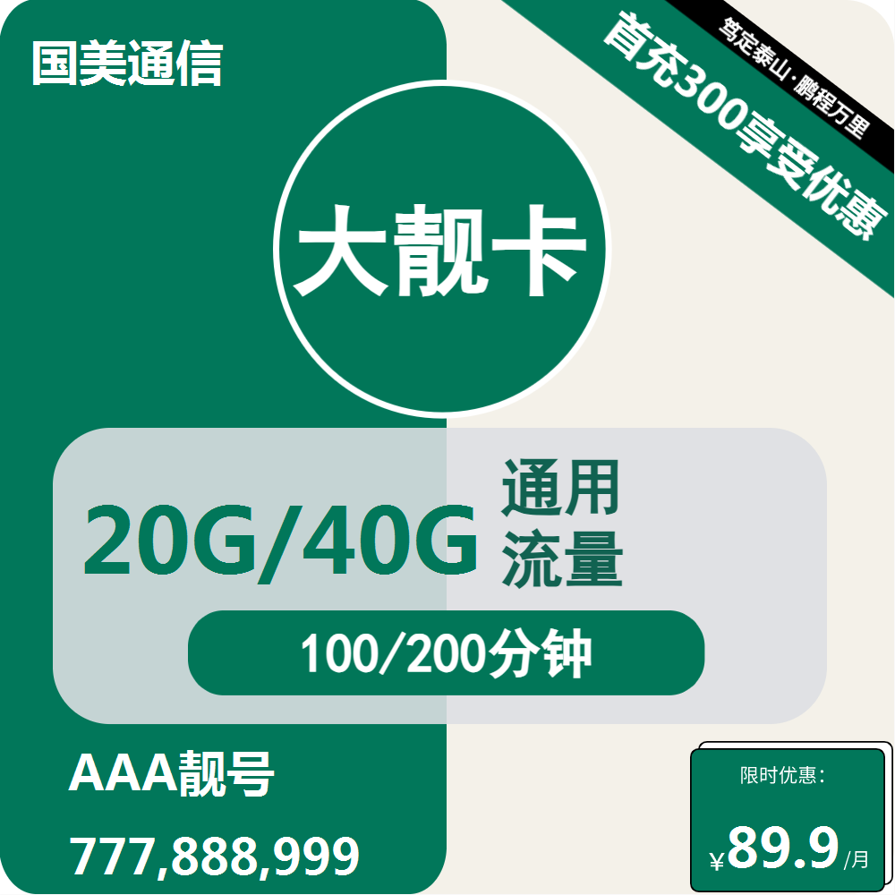 移动国美大靓卡丨89.8元包20G/40G通用+通话100/200分钟