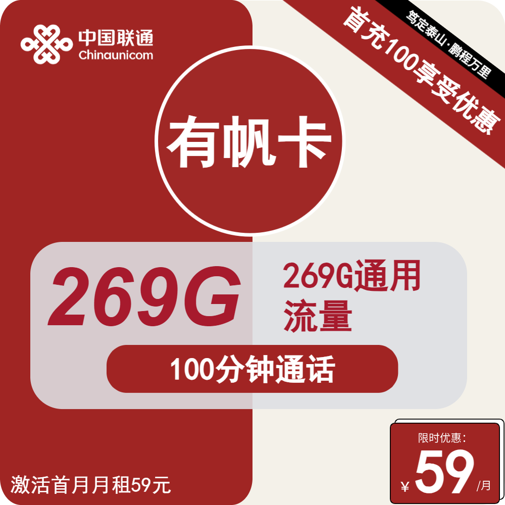 联通有帆卡丨59元包269G通用+100分钟通话