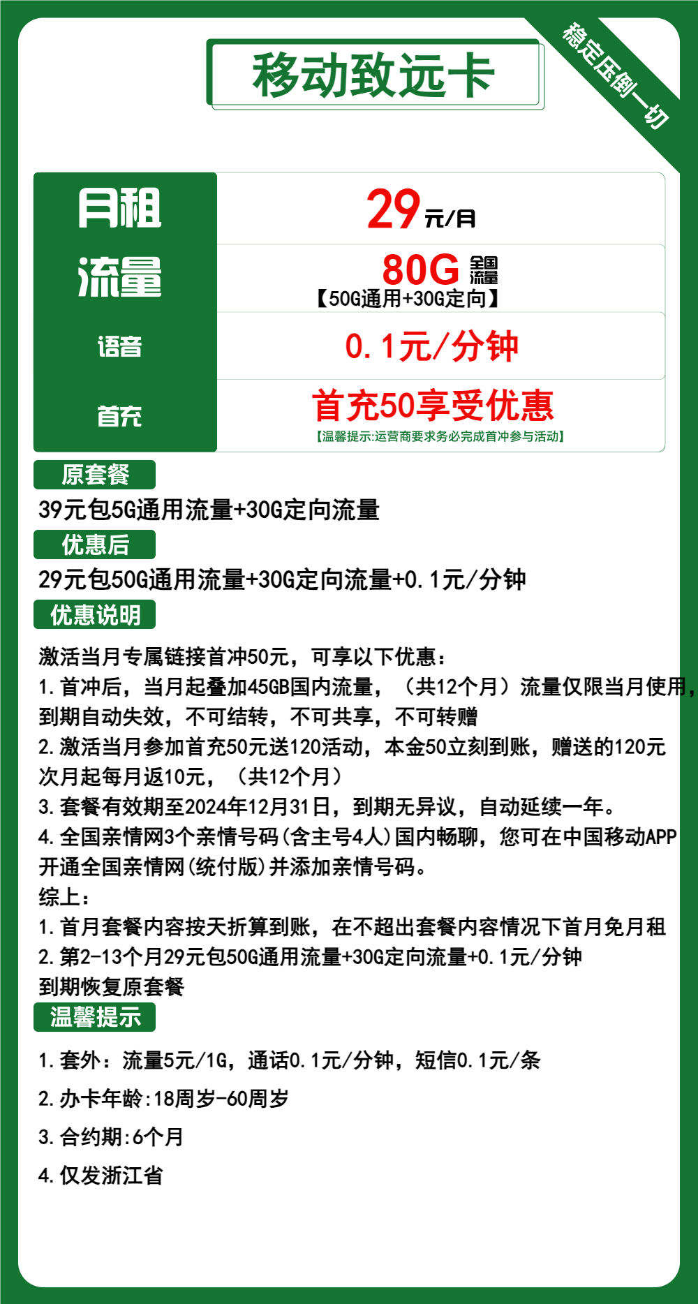 移动致远卡丨29元包50G通用+30G定向+通话0.1元/分钟 第1张