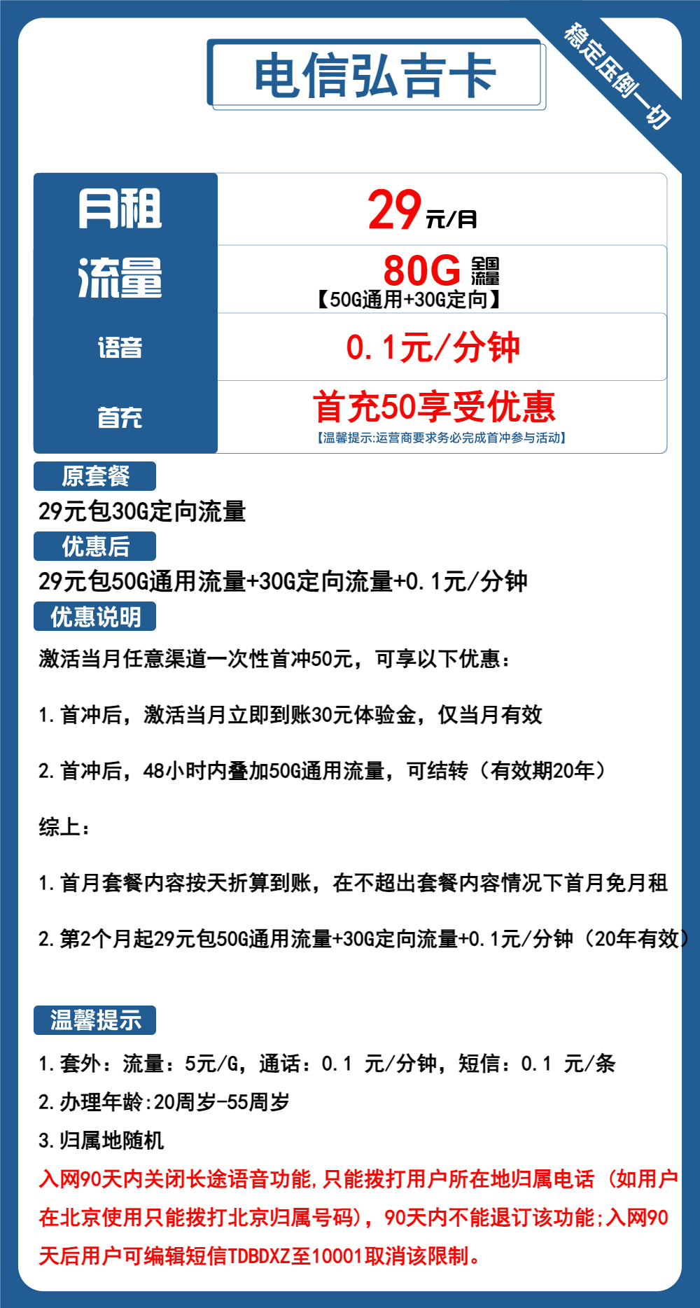 电信弘吉卡丨29元包50G通用+30G定向+通话0.1元/分钟 第1张