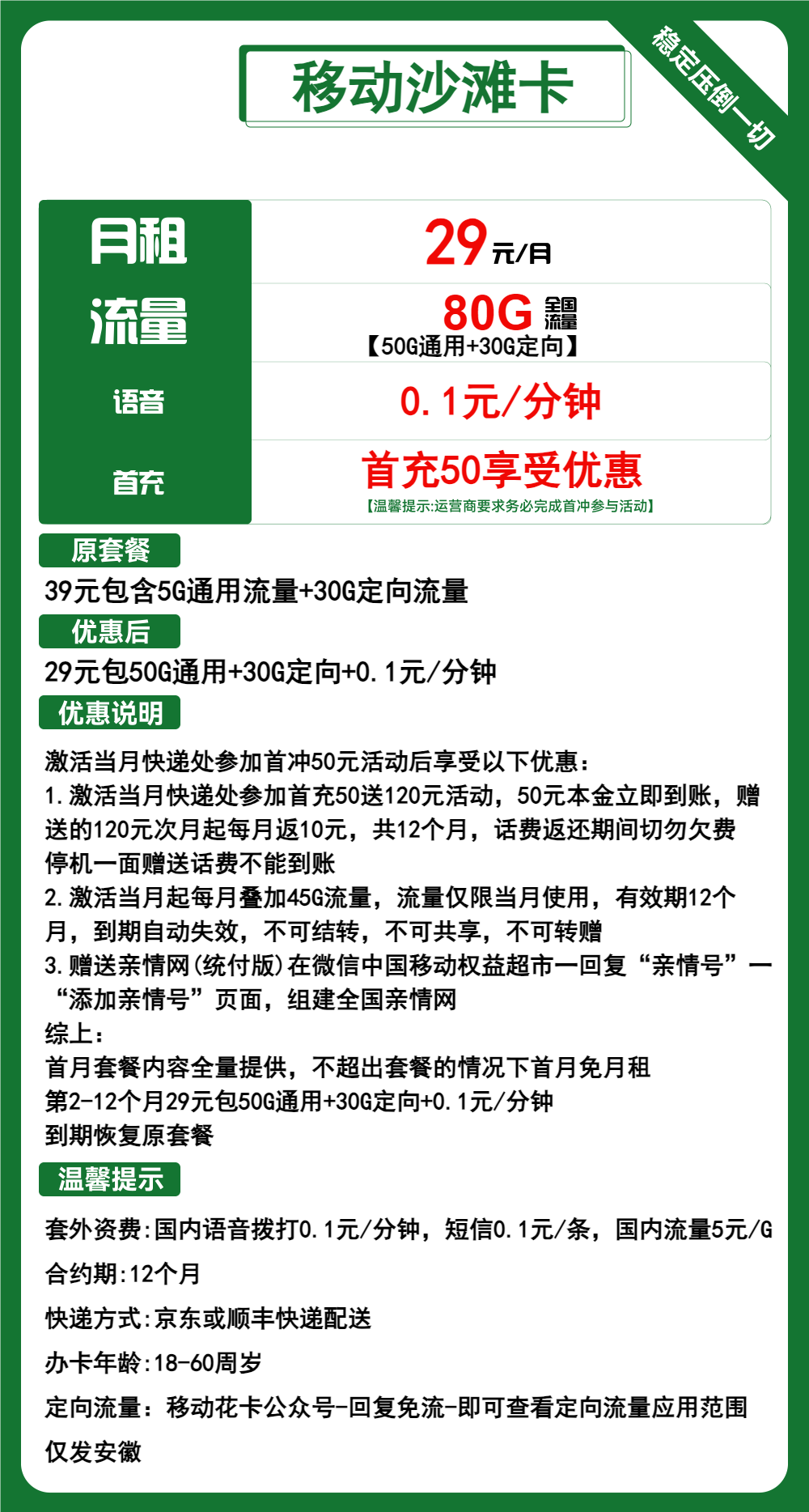 移动沙滩卡丨29元包50G通用+30G定向+通话0.1元/分钟 第1张