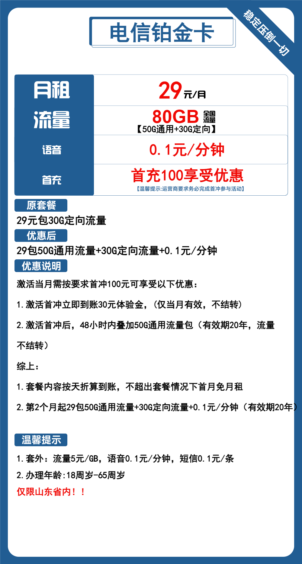 电信铂金卡丨29元包50G通用+30G定向+通话0.1元/分钟 第1张