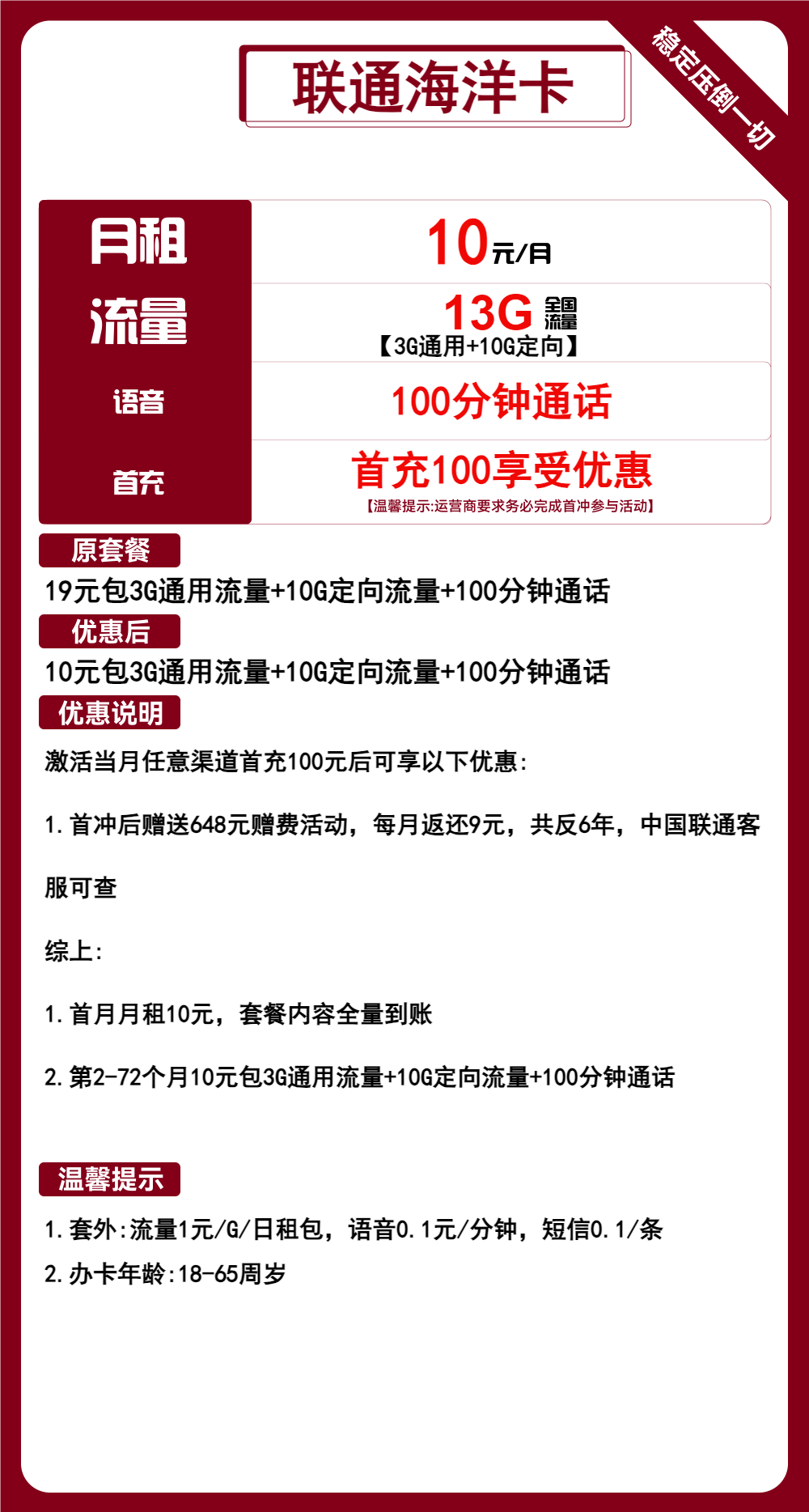 联通海洋卡丨10元包3G通用+10G定向+100分钟通话 第1张