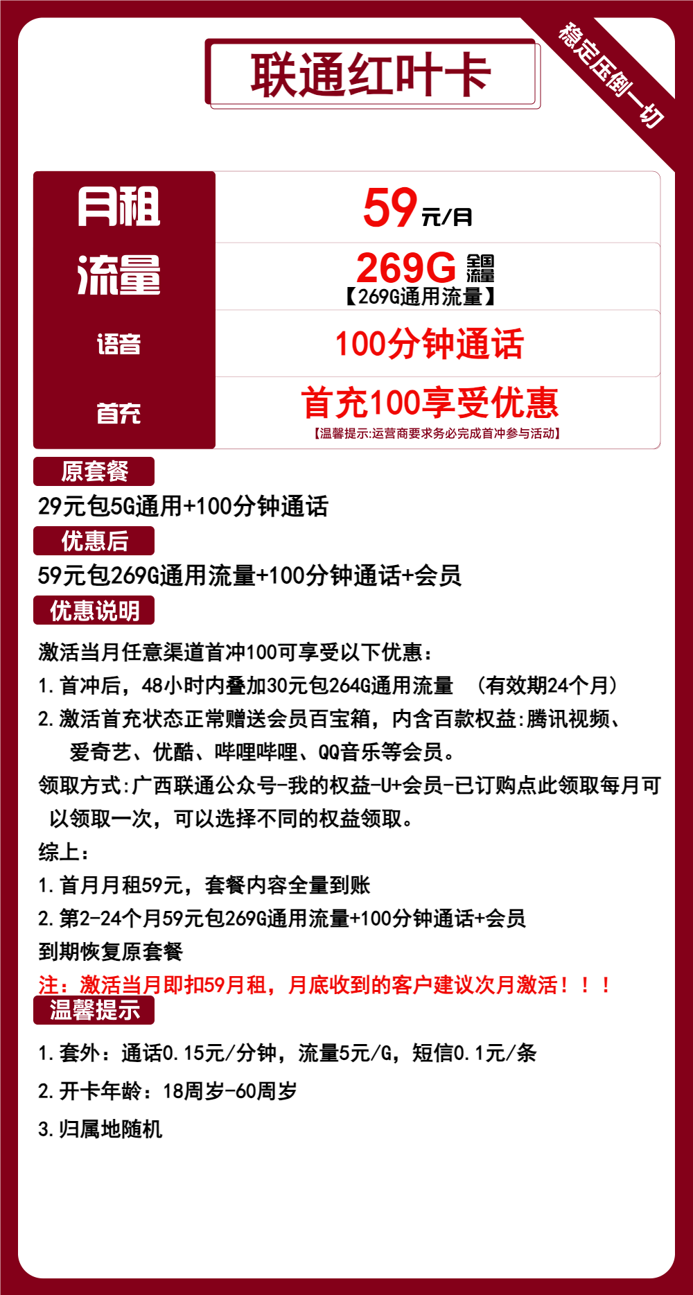 联通红叶卡丨59元包269G通用+100分钟通话 第1张