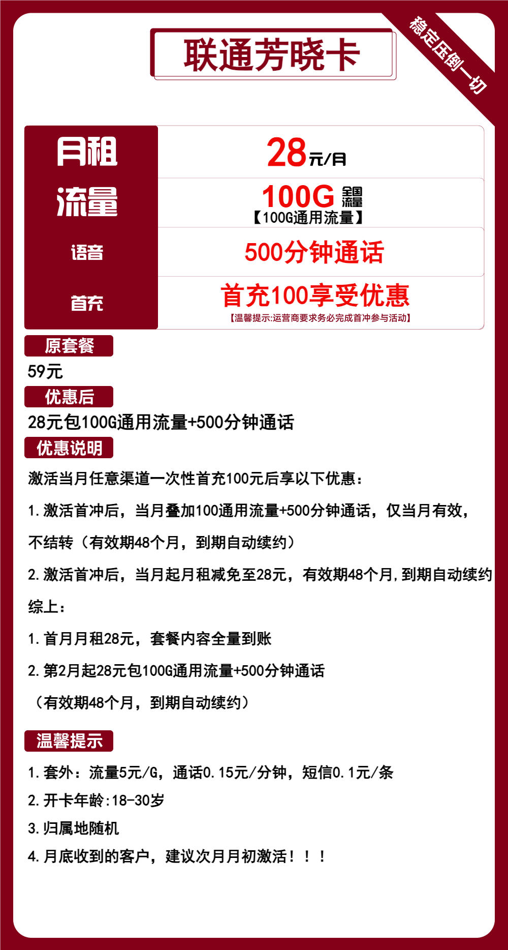 联通芳晓卡丨28元包100G通用+500分钟通话 第1张