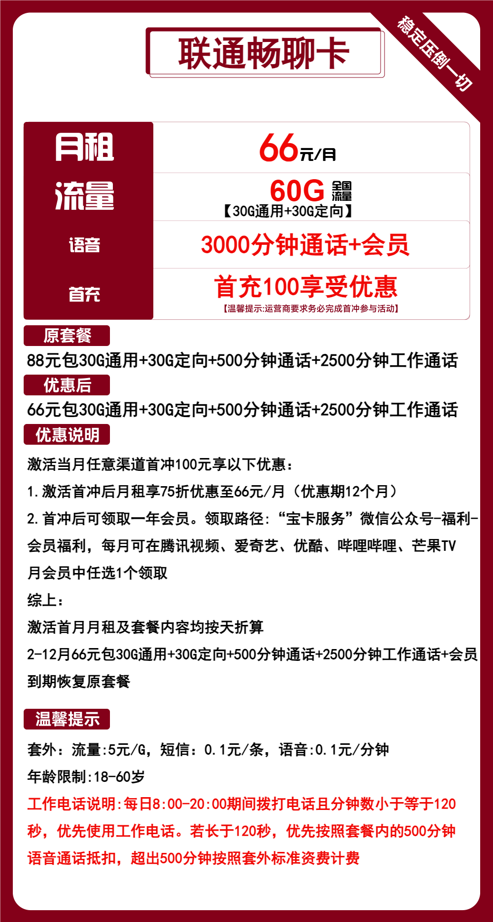 联通畅聊卡丨66元包30G通用+30G定向+3000分钟通话+视频会员 第1张