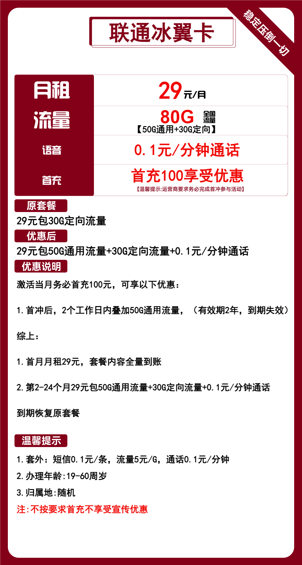 联通冰翼卡丨29元包50G通用+30G定向+通话0.1元/分钟 第1张