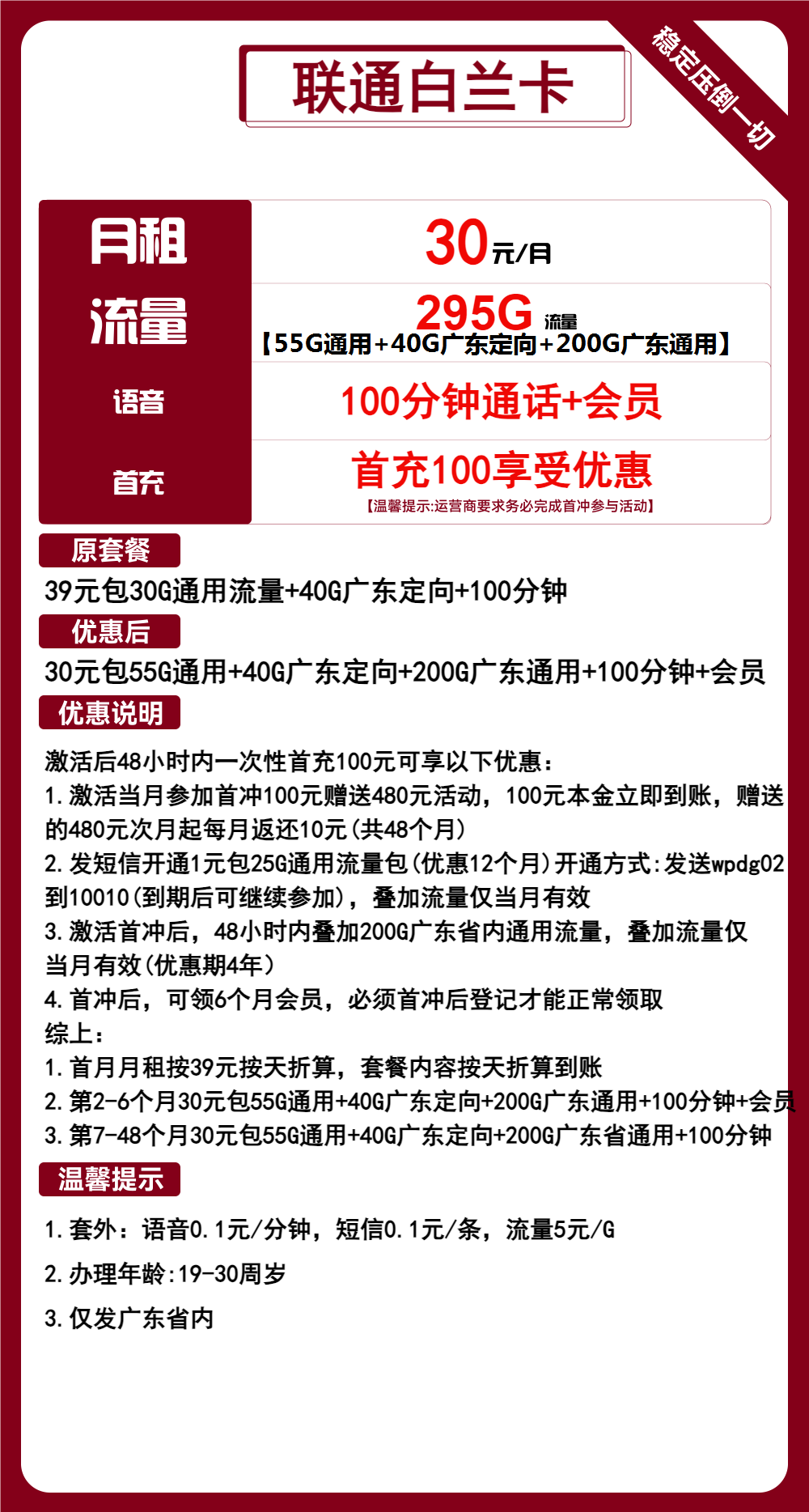 联通白兰卡丨30元包55G通用+40G广东定向+200G广东通用+100分钟+会员 第1张