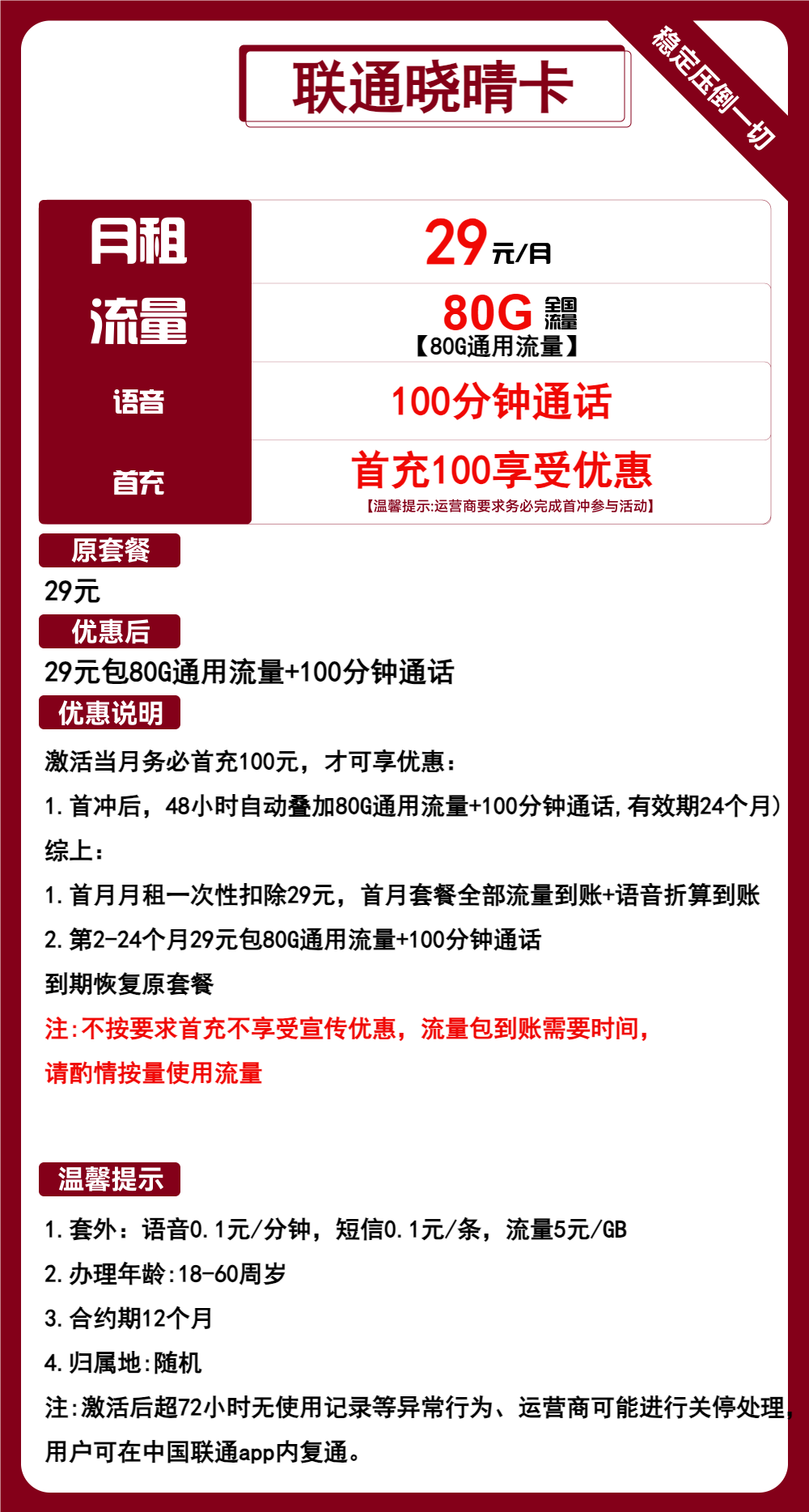 联通晓晴卡丨29元包80G通用+100分钟通话 第1张