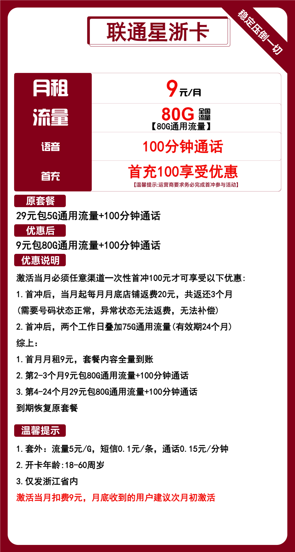 联通星浙卡丨9元包80G通用+100分钟通话 第1张