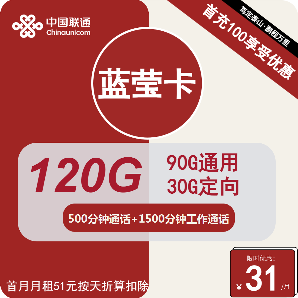 联通蓝萤卡丨31元包90G通用+30G定向+2000分钟+会员