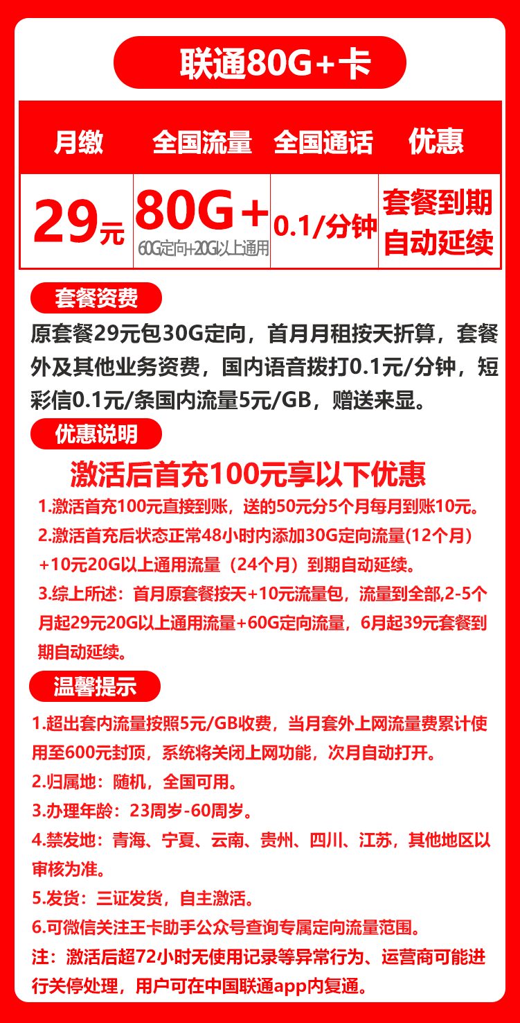 联通全国29元0.1元/分钟80GB+卡丨29包60G通用+20G定向 第1张