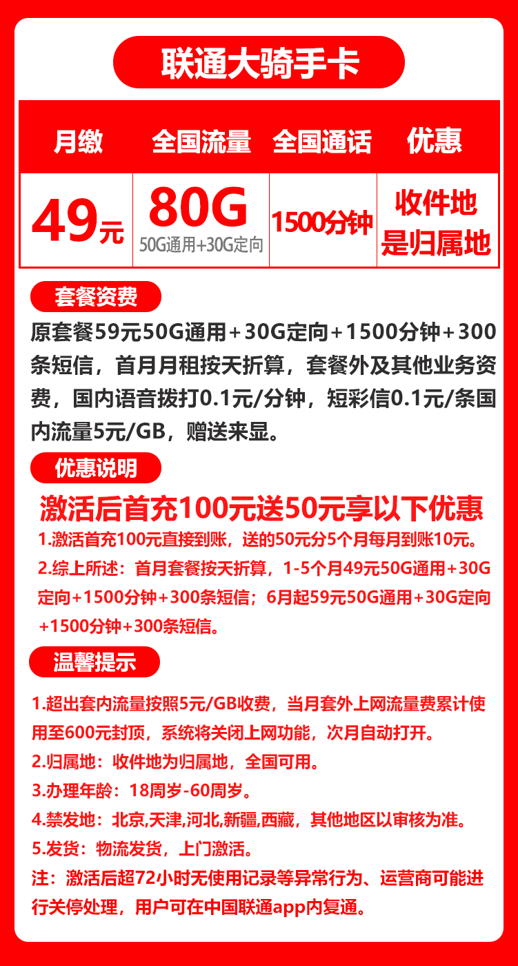 联通大骑士卡丨49元80G+1500分钟+300条短信（收件地既是归属地） 第1张