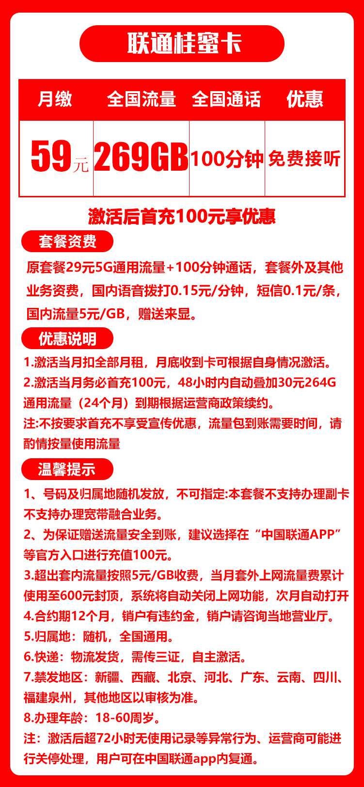 联通桂蜜卡丨59元269G+100分钟（三证下单，自主激活） 第1张