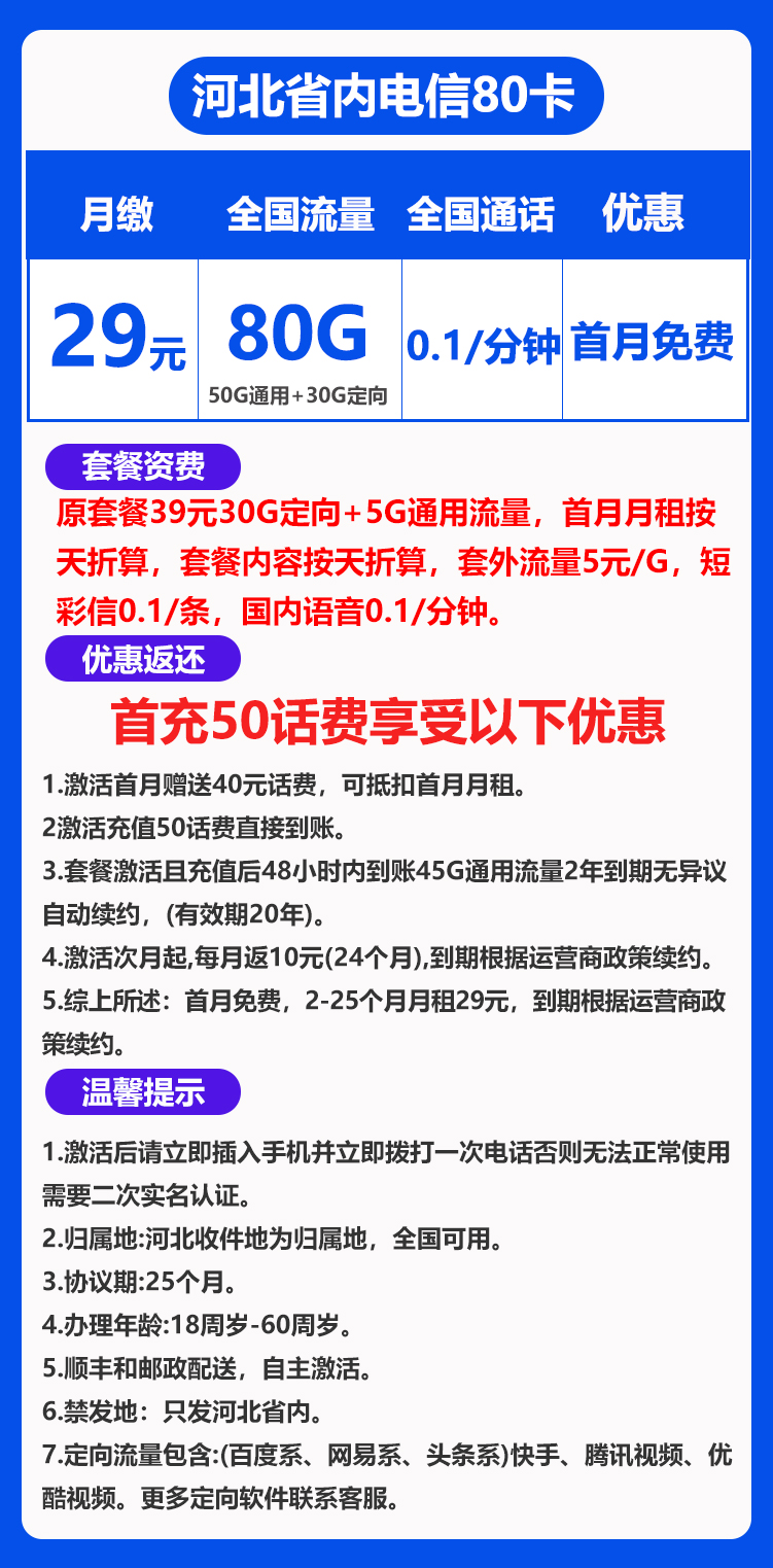 电信河北卡丨29包50G通用+30G定向 第1张