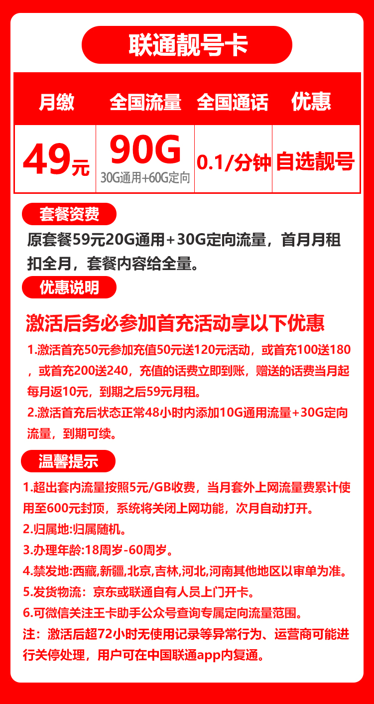 联通靓号卡丨49元90G+0.1元/分钟（自选靓号） 第1张