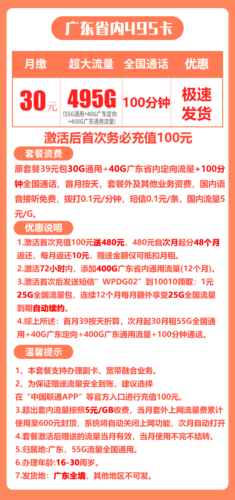 广东省内联通丨30包495G流量+100分钟通话 第1张