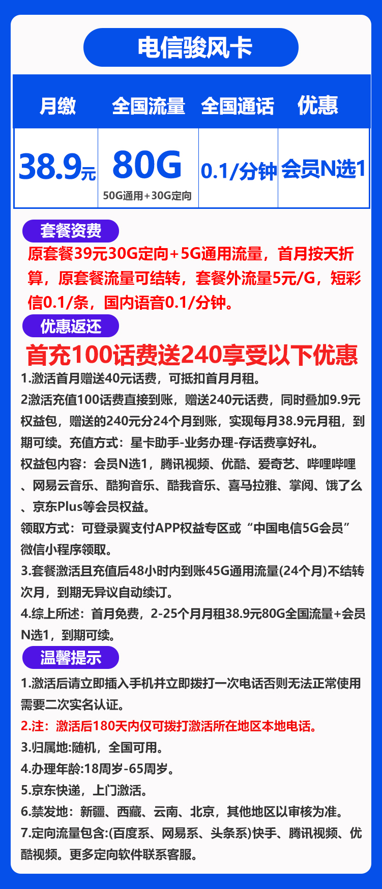 电信骏风卡丨38.9元80G+0.1元/分钟（会员N选1） 第1张