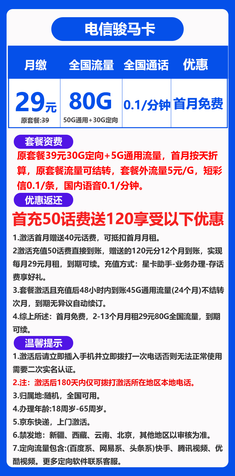 电信骏马卡丨29元80G+0.1元/分钟 第1张