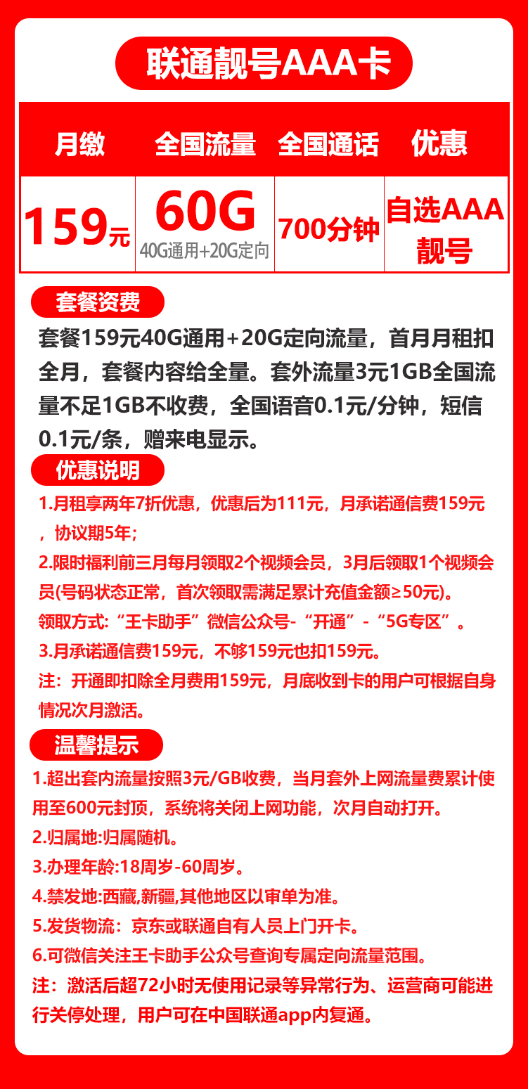 联通靓号AAA卡丨159元60G+700分钟（666,888,999靓号自选） 第1张