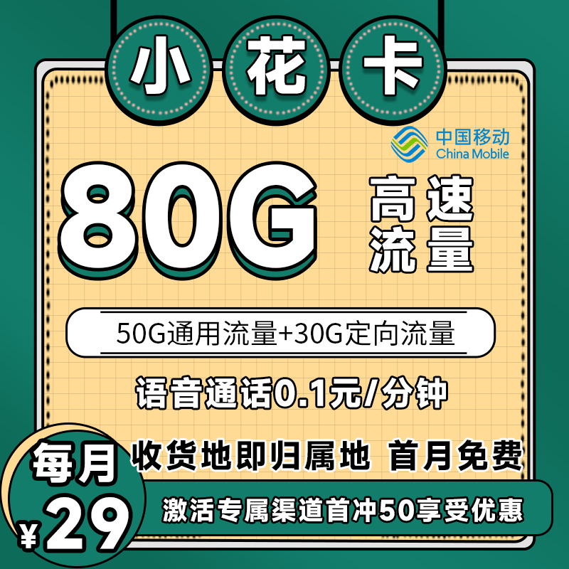 移动小花卡丨29元80G+0.1元/分钟（全国无禁区）