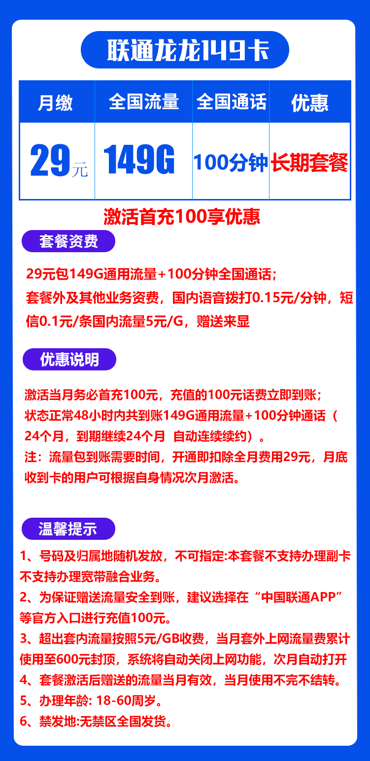 联通龙龙卡丨29元149GB+100分钟（全国发货，自主激活，长期套餐） 第1张