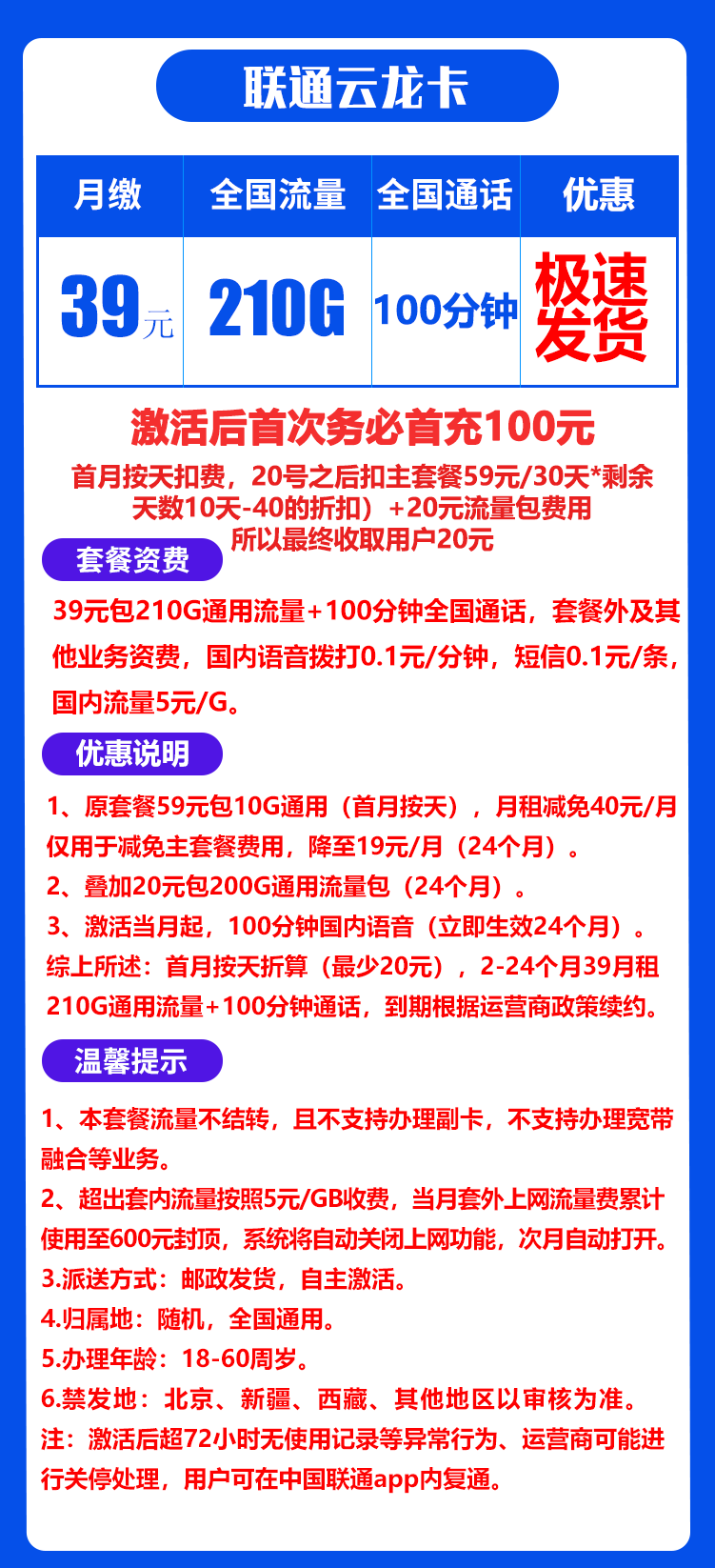 联通云龙卡丨39元210G+100分钟（自主激活） 第1张