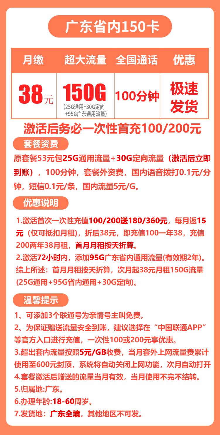 广东省内联通丨38包25G通用+30G定向+95G广东通用 第1张