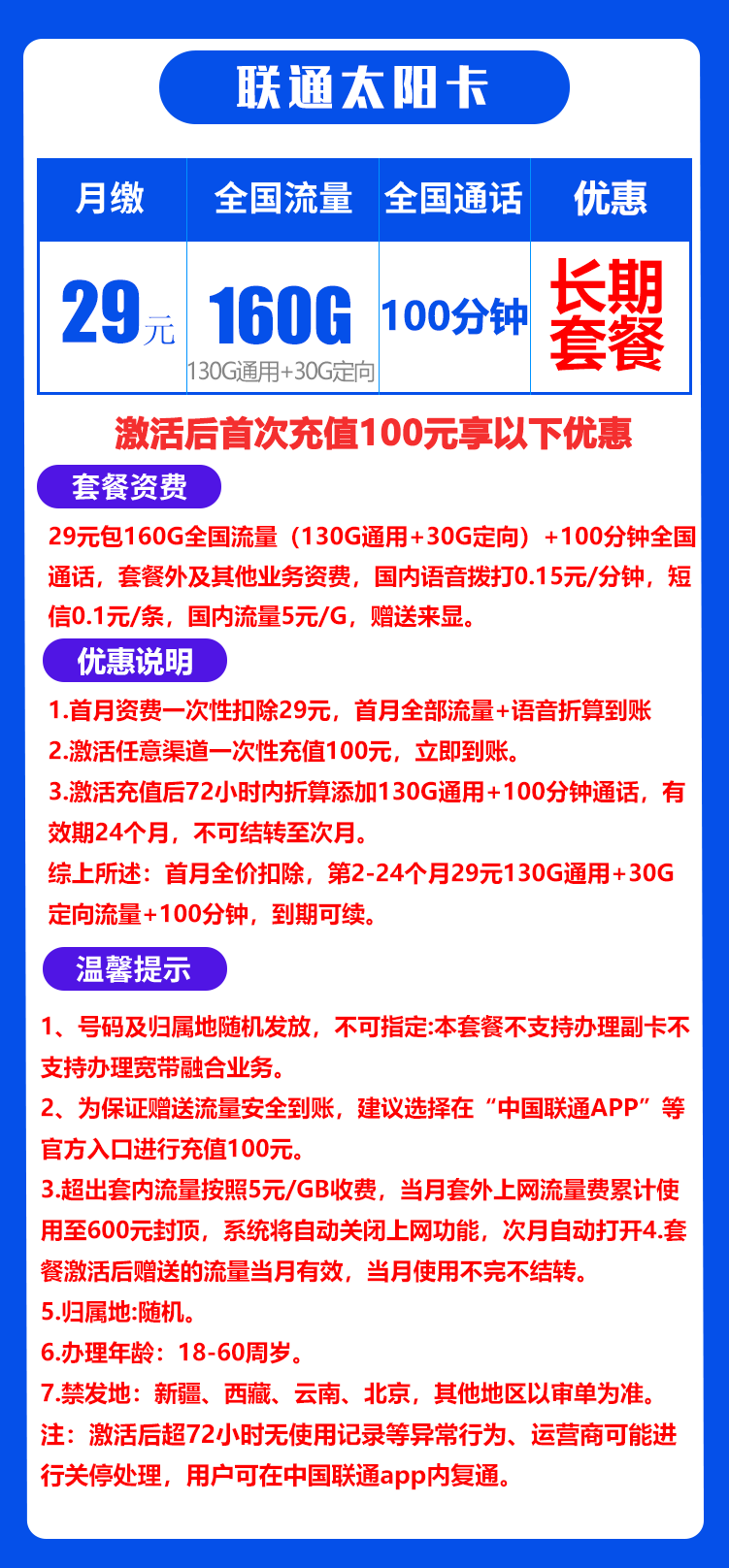 联通太阳卡丨29元130G通用+30G定向+100分钟（长期套餐） 第1张