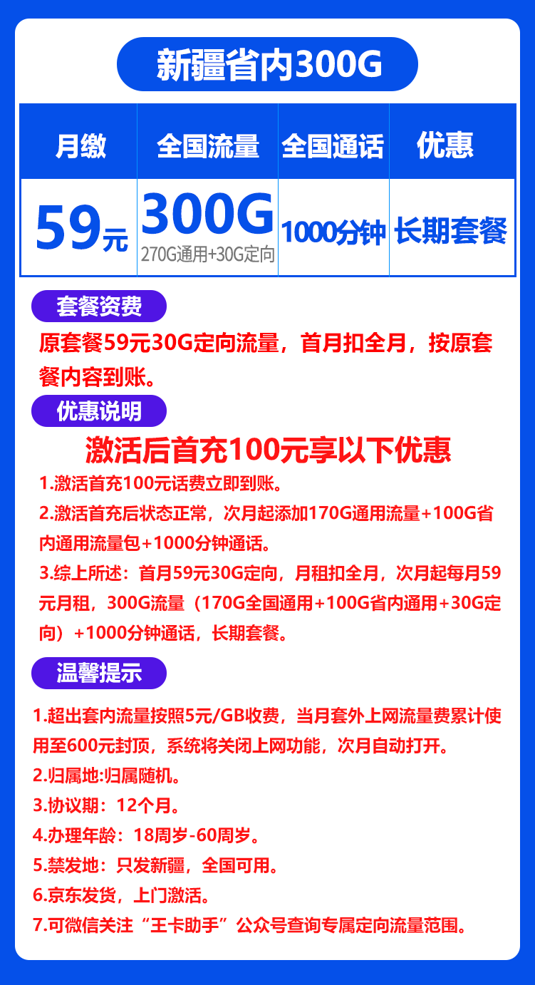 联通新疆卡59丨59包270G通用+30G定向流量+1000分钟语音通话 第1张